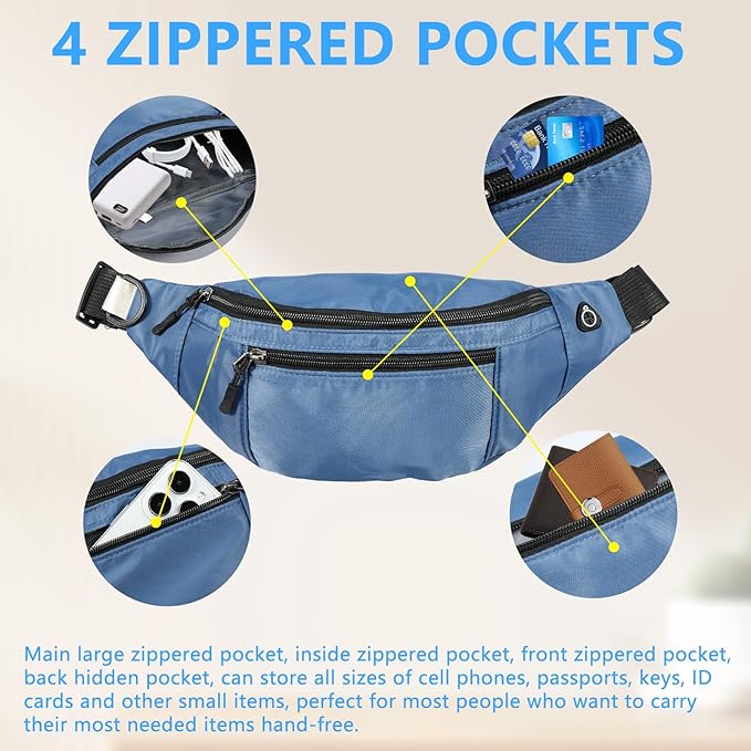 5PCS Crossbody Fanny Pack Bulk,Large Capacity Waist Bag with 4-Zipper Pockets Adjustable Strap Fanny Packs Waterproof Oxford Cloth Travel Belt Bag for Outdoor Shopping Travel Men Women,Blue