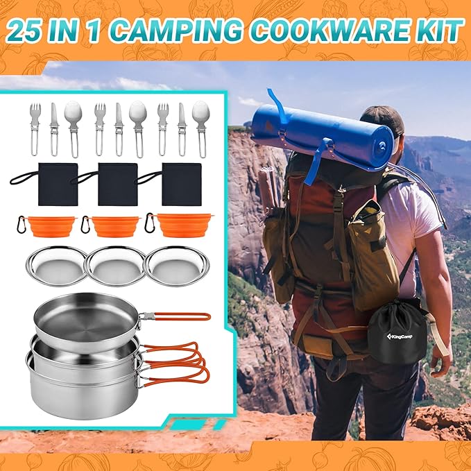 KingCamp Camping Cookware, Lightweight Cook Set Non-Stick Stainless Steel Essentials Mess Kit with Pot Pan Cups Plates Forks Knives Spoons for Camping Backpacking Outdoor Picnic
