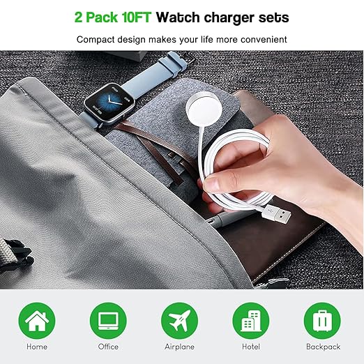 Fast Charger for Apple Watch,2 Pack USBC & A PD Wall Charger Adapter with 10FT Long USBA Magnetic Apple Watch Fast Charging Cable Portable Compatible with iWatch Series 10/9/8/7/SE/SE2/5/4/3/2/1/Ultra