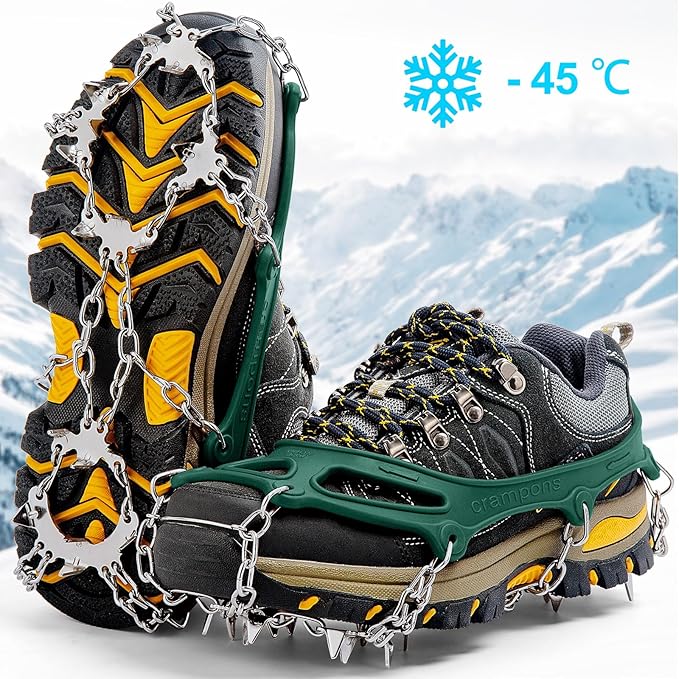 Crampons Ice Cleats Traction Snow Grips for Boots Shoes Women Men Anti Slip 19 Stainless Steel Spikes Safe Protect for Hiking Fishing Walking Climbing Mountaineering