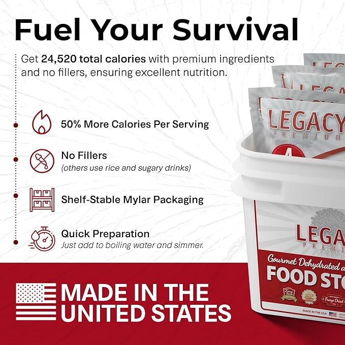 Legacy Food Storage 60 Serving Emergency Food Supply Bucket, 10 Entrees, 4 Breakfasts, 24,520 Total Calories, Shelf Stable Breakfast Lunch & Dinner, Freeze Dried Survival Meals for MRE Camping, Hiking, Prepping