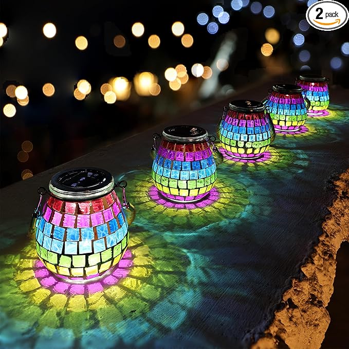 Cooo 2 Pack Mosaic Solar Lantern Outdoor Waterproof IP68 Hanging Projection Light Hidden Lid Pear-Shaped Lantern with Rope Handle Solar Powered Auto On for Patio Garden Fence Table - Neon Mosaic