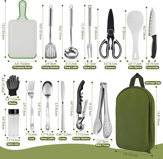 Onlyfire Portable Camping Kitchen Utensil Set, 16 Piece Cookware Kit, Outdoor Cooking and Grilling Utensil Organizer Travel Set Perfect for Travel, Picnic, RV, Camping, Hiking, BBQ, Party, CT606