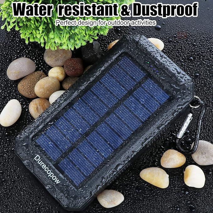 Solar Charger Power Bank, 20000mAh Portable Outdoor Waterproof Solar Battery Charger, Camping External Backup Battery Pack USB C Ports Input/Output, 2 Led Light Flashlight with Compass (Black)