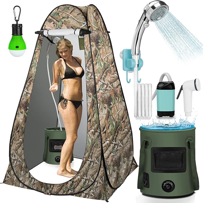 Portable Camping Shower, Pop Up Shower Privacy Tent Kit with LED Lights, 4500mAh Rechargeable Shower Pump, Filtered Shower Head & 7.4 Gallons Foldable Bucket, Outdoor Shower for Hiking Beach, Travel