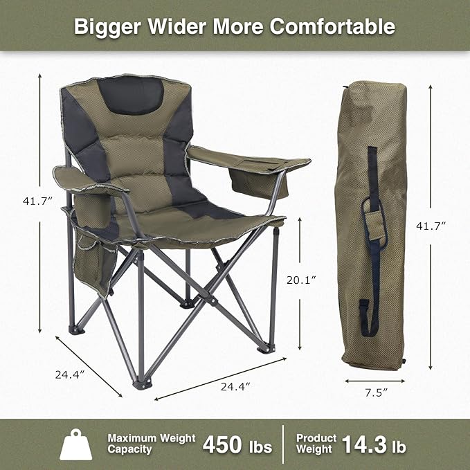 Outdoor Folding Chair Heavy Duty with Thick Cushion – Portable Camping Chair for Backyard, Beach & Hiking, 450lbs