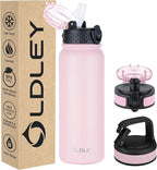 Oldley Insulated Water Bottle 20oz Water Bottles with Straw, Stainless Steel Water Bottle with 3 Lids, Double Wall Vacuum Bottles for Adult Kids, Sports Bottles for School Travel, Pink