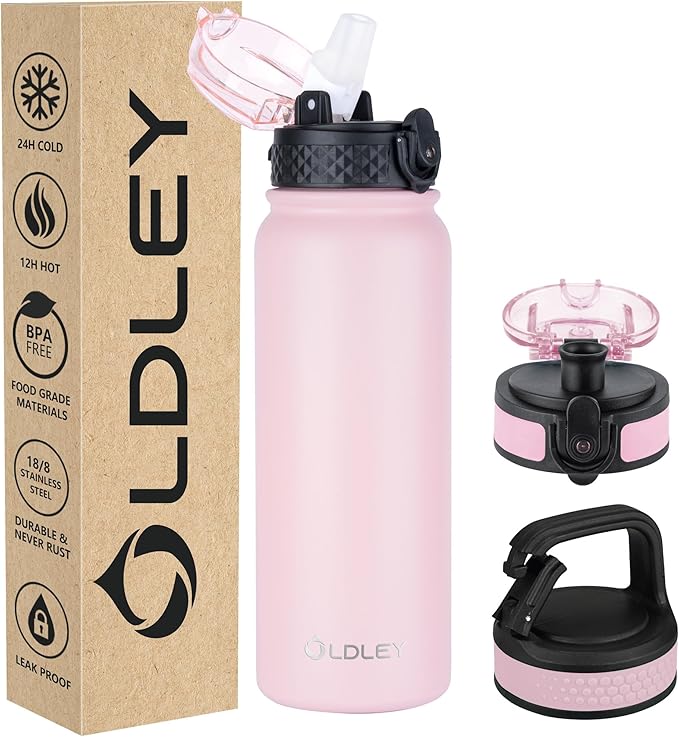 Oldley Insulated Water Bottle 20oz Water Bottles with Straw, Stainless Steel Water Bottle with 3 Lids, Double Wall Vacuum Bottles for Adult Kids, Sports Bottles for School Travel, Pink