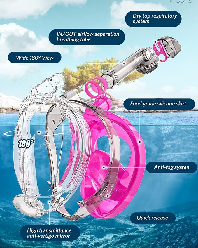 QingSong Full Face Snorkel Mask for Adults, Snorkeling Gear with Camera Mount, 180 Degree Panoramic View Snorkel Set Anti-Fog Anti-Leak