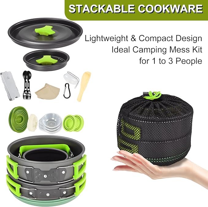 Camping Cooking Cookware Mess Kit - Non-Stick Lightweight Pot Pan Kettle Set with Collapsible Pour Over Coffee Dripper, Outdoor Kitchen Cook Essentials Gear for Camping Hiking Picnic