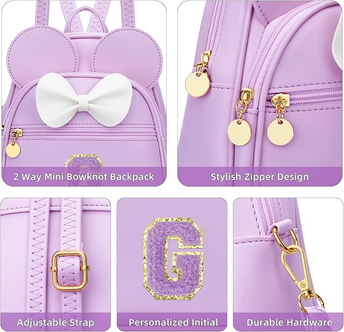 KKXIU Girls Initial Bowknot Cute Mini Backpack for Toddler, Travel Small Girl Backpacks, Personalized Birthday Gifts for Little Girls and Kids(G, Purple)