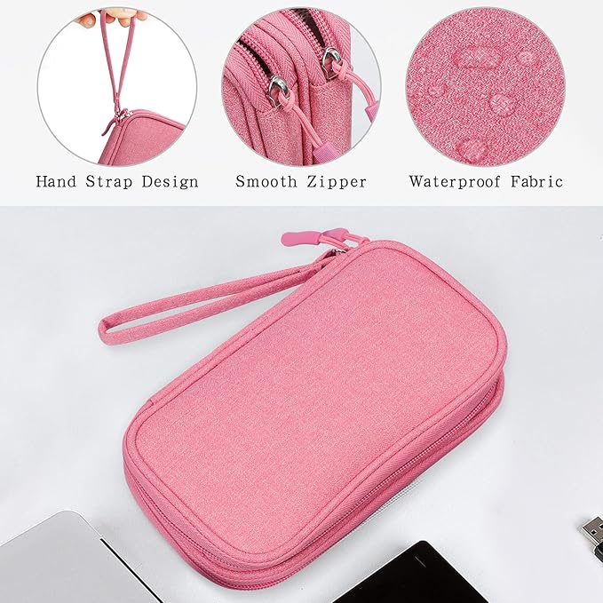 Skycase Electronic Organizer Travel Case - Waterproof Travel Cord Pouches for Organization, Cable Organizer, All-in-One Double Layers Storage Bag for Accessories, Charger, Cable, Pink- Large