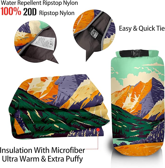 Outdoor Puffy Camping Blanket, Lightweight Down Alternative Puffy Printed Camping Large Ultra Warm Hammock Top Quilt Waterproof Blanket for Traveling Picnic Beach Party Cold Weather (Peak)