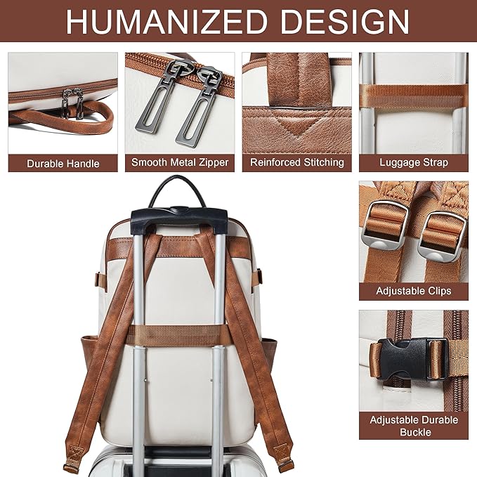 Travel Backpack for Women, Fits 17.0" Notebook, Stylish Carry-on Vegan Leather Backpack with Luggage Strap for Travel and Daily Use