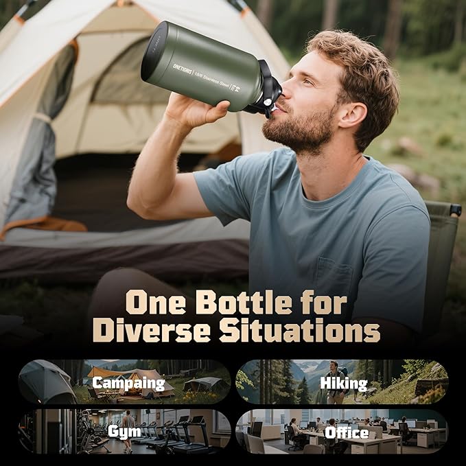 OneTigris Tactical Half Gallon Water Bottle with Straw - 64 oz Vacuum Insulated Stainless Steel Water Jug, Leakproof Sport Bottle with 3 BPA Free Lids, Paracord Handle & MOLLE Water Pouch for Outdoor