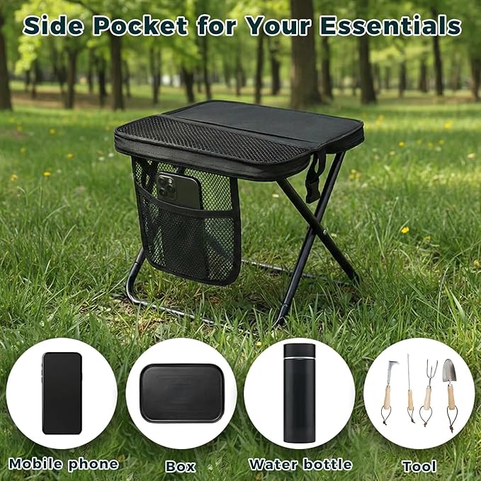 16" Portable Collapsible Stool - Folding Chair with Storage Pouch, Convertible Satchel for Hands-Free Carry & Supports 300Lbs, Ultralight for Hiking, Fishing, Camping, Festivals (Black, Large)