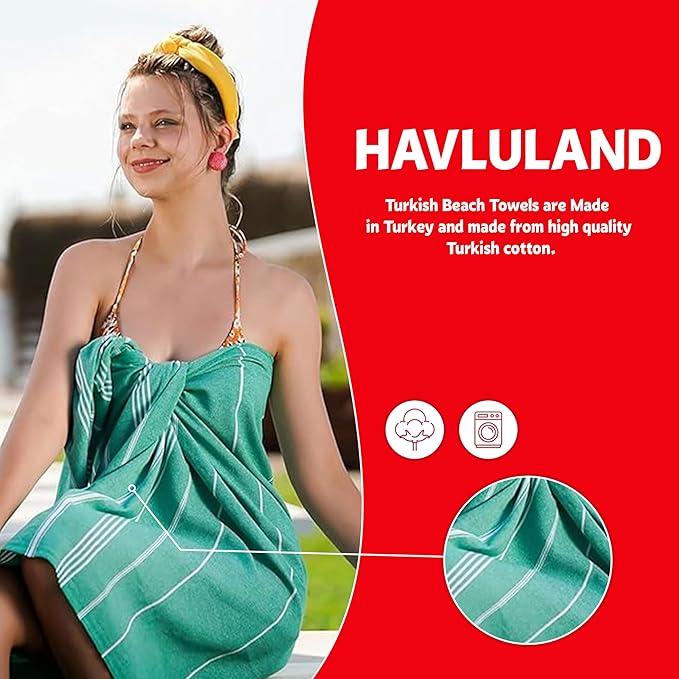 HAVLULAND Turkish Beach Towels Set of 6 Organic Cotton, Oversized 72"x40", Sand Free, Lightweight, Quick Drying, Ideal for Beach, Bath, Pool, Camp & Travel