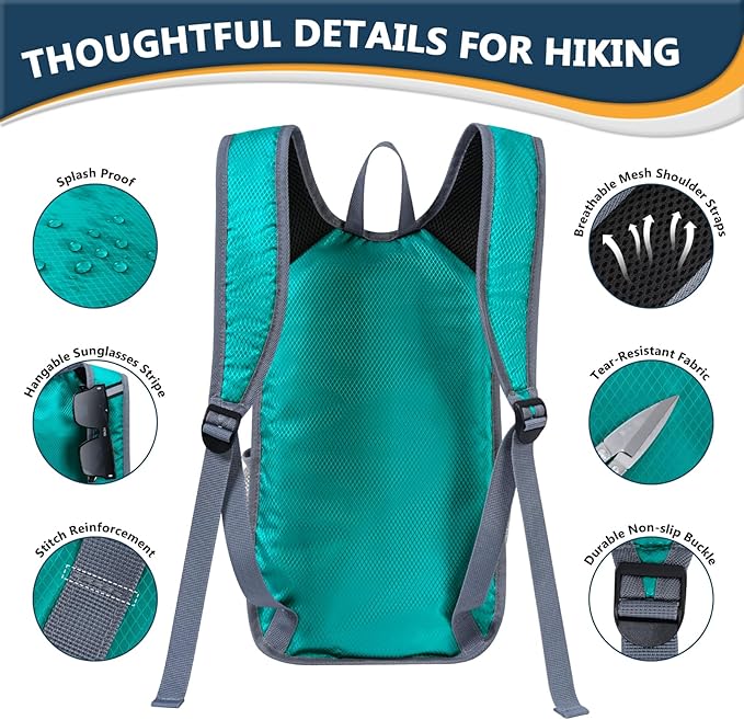 15L Hiking Backpack - Small Lightweight Packable Daypack Travel Outdoor Foldable Shoulder Bag Camping Hiking Backpack for Women Men - Green