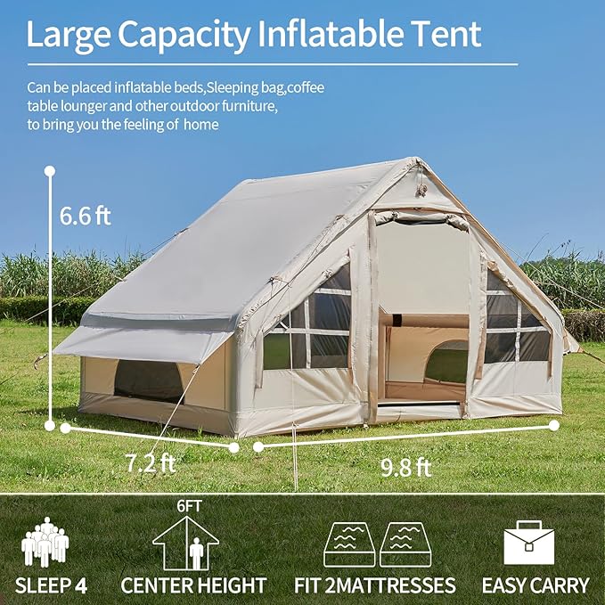 SHANQUAN Inflatable Tent with Pump,4-6 Person Instant Glamping Camping Tents House, Easy Setup Blow Up Family Tents for 4 Seasons Waterproof Inflatable Tent for Camping with Mesh Windows.