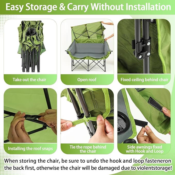Double Camping Chair with Canopy Shade Oversized 2 Person Camping Sofa Fully Padded Folding Loveseat with Cup Hold and Storage Bag Sturdy for Lawn Beach Fall Outdoor Activities(Dark Green)