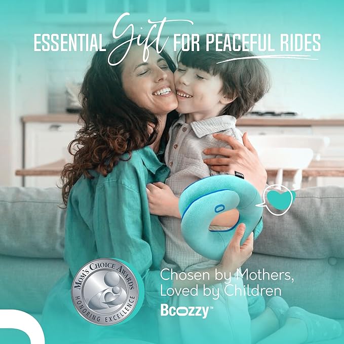 BCOZZY Kids Chin Supporting Travel Pillow for Ages 3–7- Patented Soft Neck Pillow for Head and Chin Support in Car Seat and Airplane. Comfortable Travel Essential. Small Size, Bag, Light Blue
