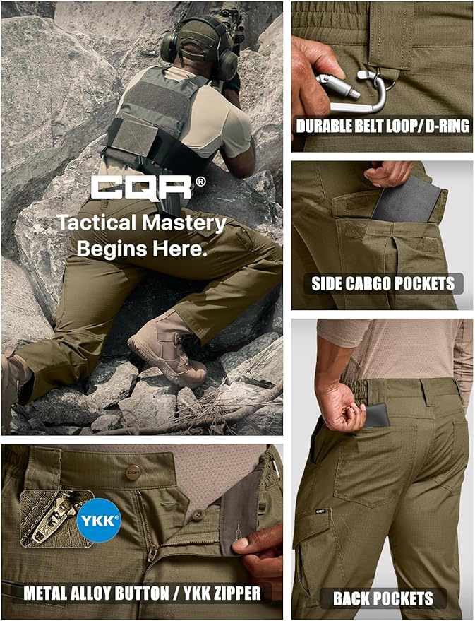 CQR Men's Flex Ripstop Tactical Pants, Water Resistant Stretch Cargo Pants, Lightweight EDC Hiking Work Pants