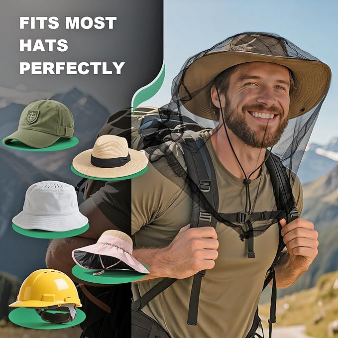 2 Pack Premium Mosquito Head Nets with Drawstring, Breathable Ultra Large Bug Net for Head, Mosquito Net Hat for Men and Women, Universal Fit for Hats, Essential for Outdoor Activities Black