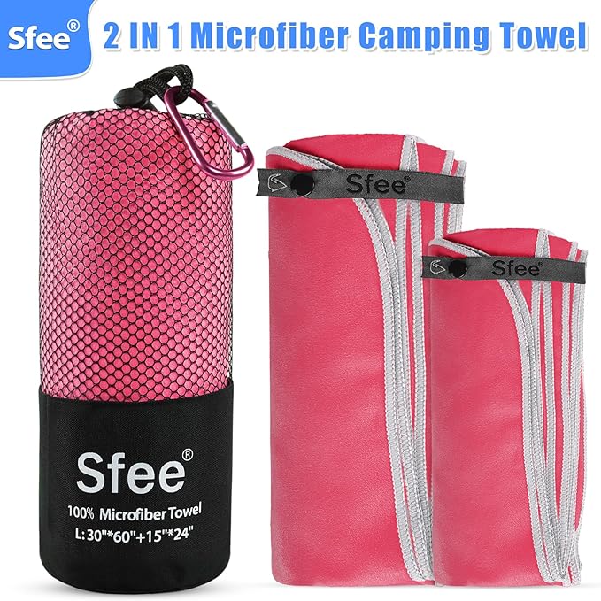 Sfee 2 Pack Microfiber Travel Towel, Quick Dry Towel Camping Beach Towel Super Absorbent Compact Lightweight Sports Gym Towels Set for Beach, Gym, Hiking, Pool, Backpacking, Bath, Yoga