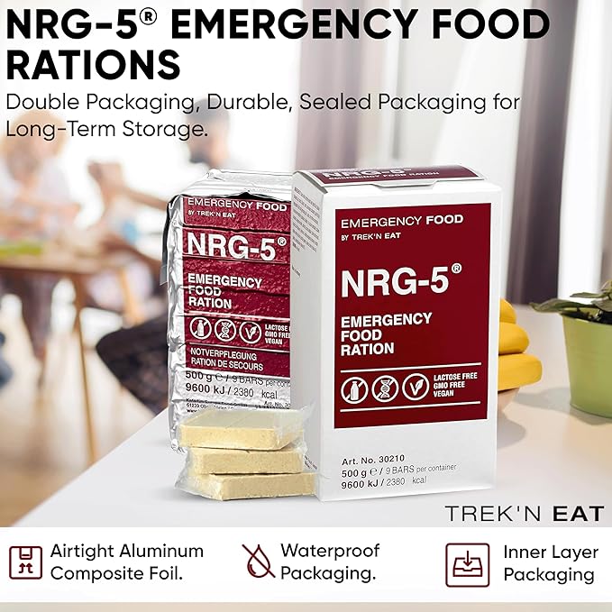 Katadyn NRG-5 Emergency Food Ration 500g Pack of 1 (9 Bars) Ready to Eat 2380 kcal, Vegan, Lactose-Free, GMO-Free | Long-Term Survival, Emergency Preparedness and Outdoor Adventure Food Bar