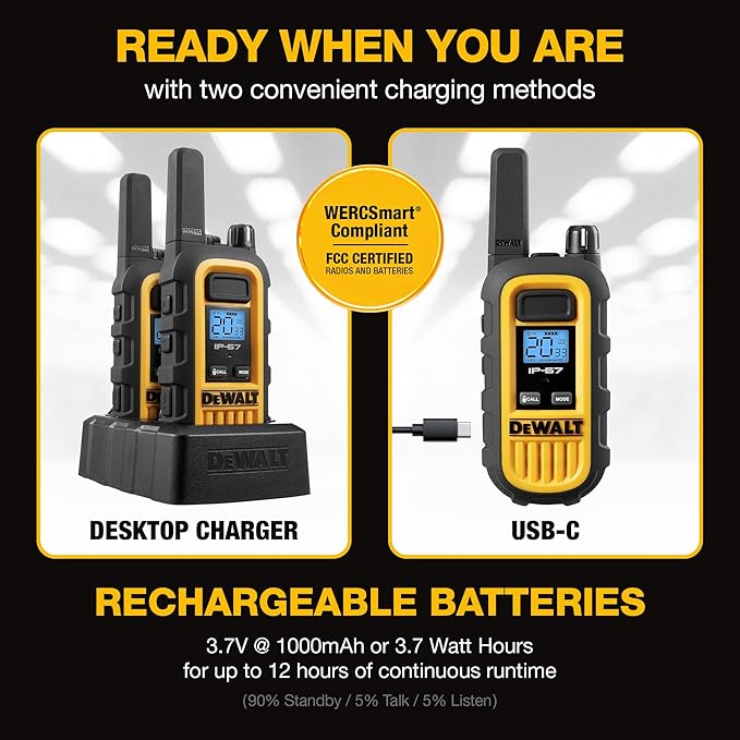 DEWALT FRS Walkie Talkies Long Range 2 Way Radio, 1 Watt, Waterproof & Rechargeable, 6 Pack with Gang Charger, DXFRS300-BCH6