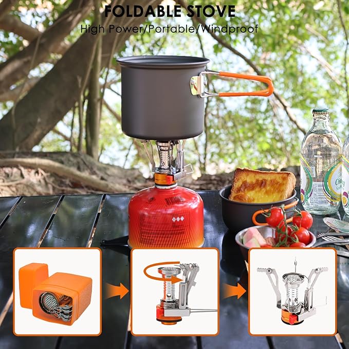 10Pcs Camping Cookware Mess Kit - 1.2L & 0.6L Camping Pots with Stove, Forks Knives Spoons, Sierra Cup, Canister Stand and 16Oz Stainless Steel Cup for Backpacking, Hiking, Outdoor Cooking