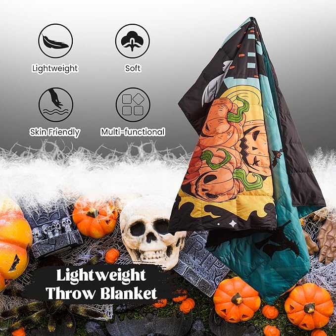 puredown® Soft Feather Down Throw Blanket Lightweight Packable Couch Throw for Indoor and Outdoor Use, 50"X70", Halloween Gothic Black