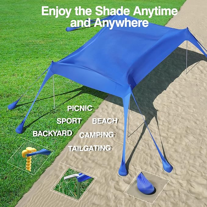 Rhino Valley Beach Tent Shade Canopy UPF50+ Protection, 8 Sandbags, 4 Stability Poles, Outdoor Sun Shelter Umbrella for Sand, Camping, Fishing Essentials