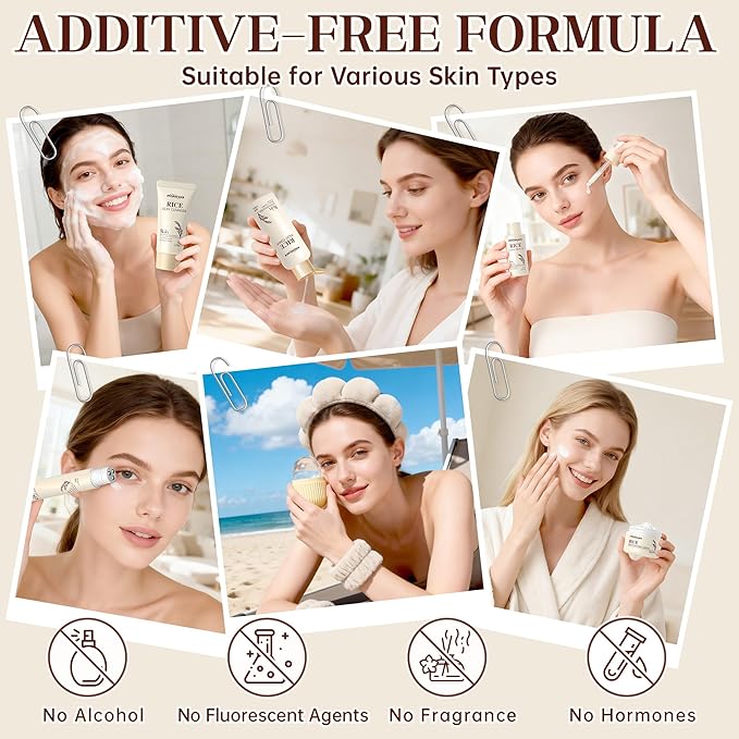 11PCS Rice Skincare Set, Korean Hydrating Skin Care for Girls Teens Women, Cleanser Toner Dual Serum Cream Eye Cream Sunscreen with Ice Roller & Headband Wristband, Daily Skincare Routine Kit