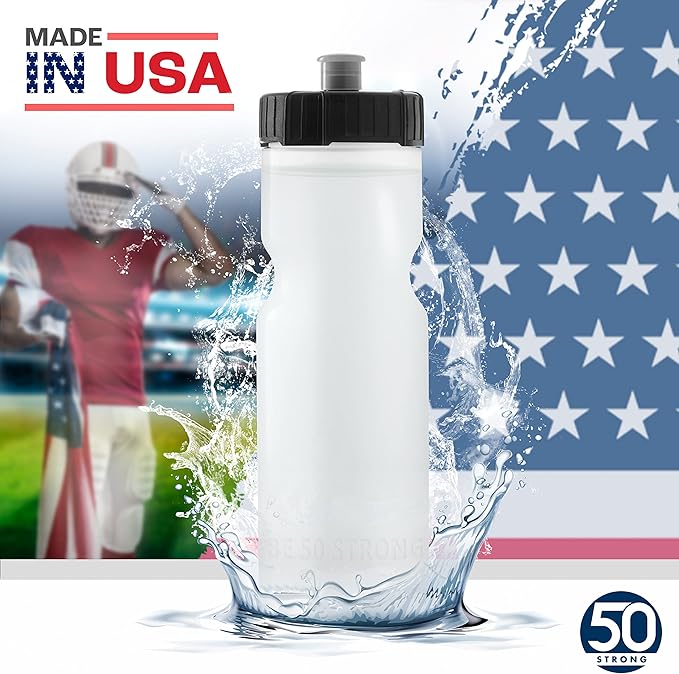50 Strong Bulk Water Bottles | 24 Pack Sports Bottle | 22 oz. BPA-Free Easy Open with Pull Top Cap | Made in USA | Reusable Plastic Water Bottles for Adults & Kids | Top Rack Dishwasher Safe
