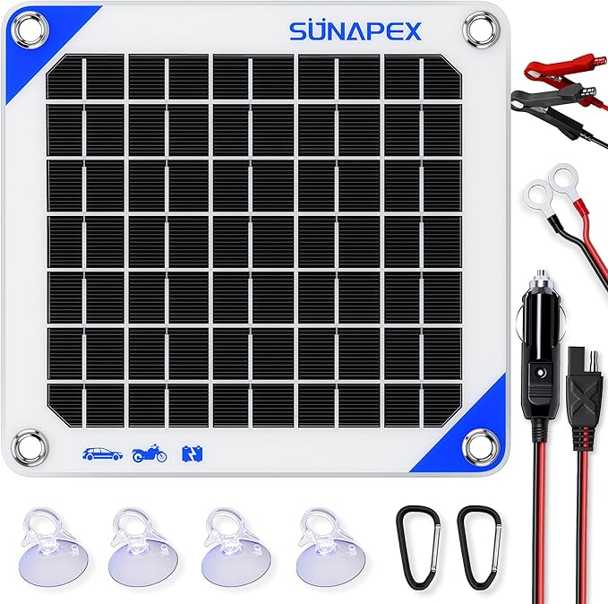 SUNAPEX Solar Battery Charger Maintainer, 5W 12V Portable Waterproof Solar Panel Trickle Charger with Built-in Charge Controller, Cig Plug, Alligator Clips, O-Rings for Car, Truck,Tractor, Boat, etc