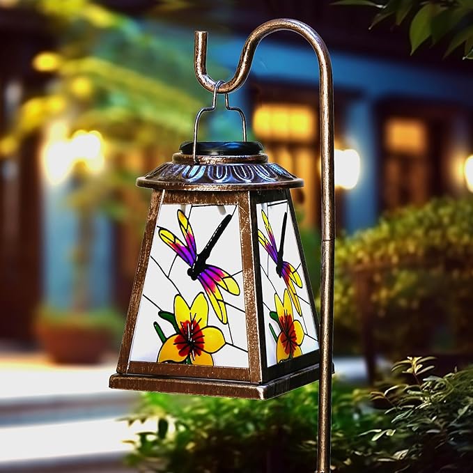 Solar Lantern with Shepherd Hook, Hanging Lantern with LED Lights, Outdoor Waterproof Solar Lanterns Metal Lamp Decoration Garden Patio Yard Pathway, Gifts for Mom Grandma Women, Dragonfly