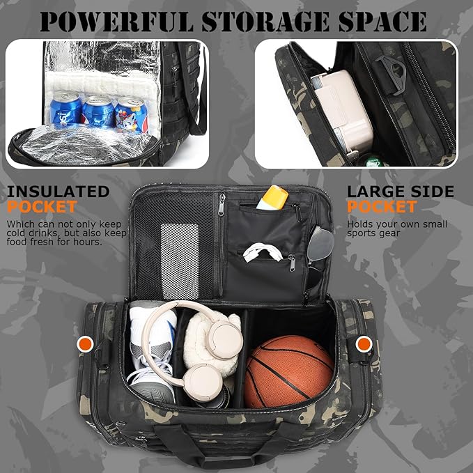 45L Gym Bag for Men & Women, Tactical Military Duffle Bag for Travel Weekender Gym Workout Deployment， Large Sports Bag for Hockey Football Baseball Soccer Basketball & Team training