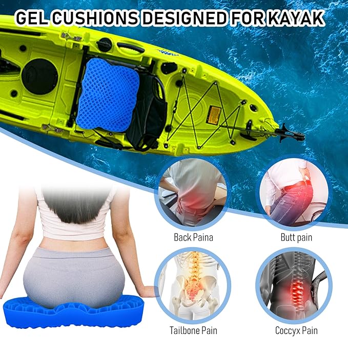 NEW-Vi Anti-Slip Kayak Seat Cushion - Double Thicken Gel Boat Cushion, Waterproof Kayak Gel Seat Cushion, Coccyx Sciatica Pain Relief, Kayak Accessories for Fishing, Kayak Fishing Accessories