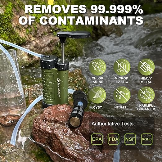 SurviMate Water Purifier Survival Pump，Replacement Cartridge，0.01 Micron 5-Stage Water Purifier System，Hand Pump Water Filter Portable Outdoor Emergency，Camping, Hiking, Backpacking