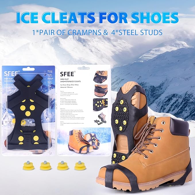 Sfee Ice Cleats for Boots Shoes, Snow Grips Cleats for Ice and Snow Anti-Slip Rubber Traction Cleats for Walking on Snow and Ice 10 Steel Studs Crampons for Hiking, Walking, Climbing, Jogging