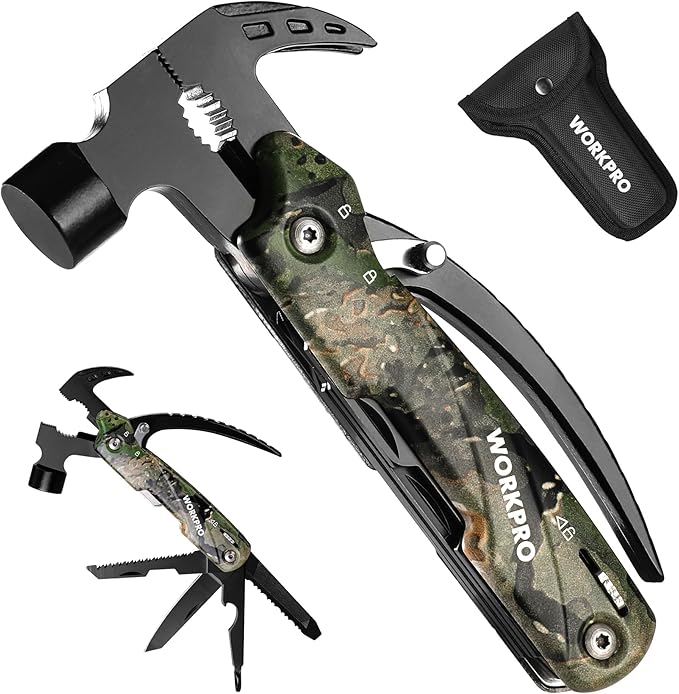 WORKPRO Multitool-12 in 1 Camping Tools with Mini Hammer-EDC Gear Multi Tools Hammer with Safety Lock and Pouch-Mini Multitools Gifts for Men and Women-Camouflage