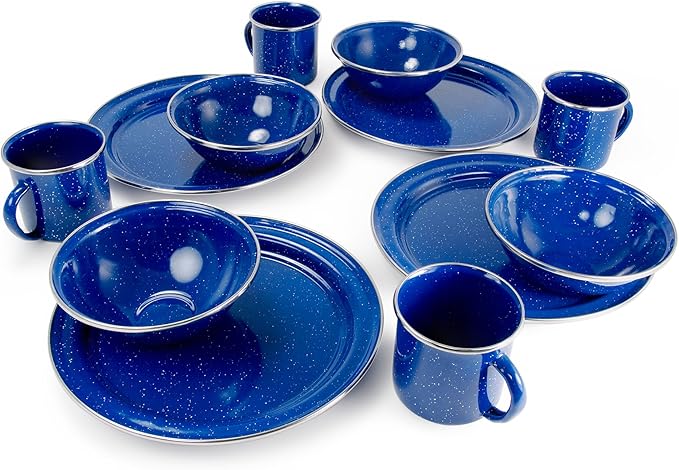 GSI Outdoors Pioneer Enamel 12 Pieces (4-Person) Dish Set I Enamelware Dishes Including Plates, Bowls and Mugs for Camping, Outdoors, RV, Camp, Blue