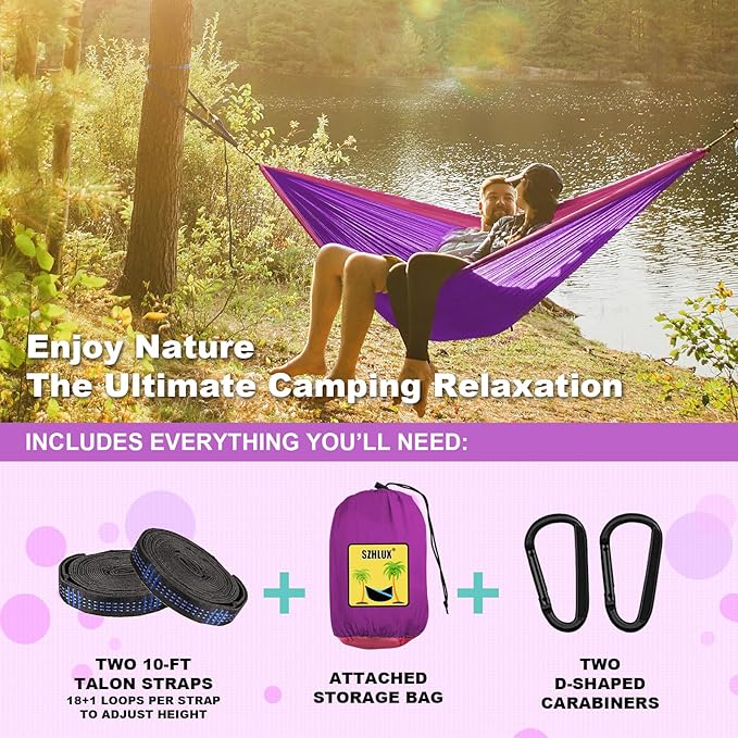 SZHLUX Camping Hammock Double & Single Portable Hammocks with 2 Tree Straps and Attached Carry Bag,Great for Outdoor,Indoor,Beach,Camping,Purple & Pink, Medium