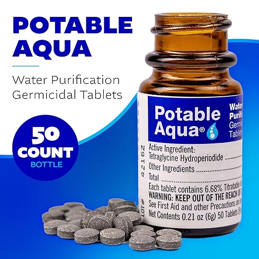 Potable Aqua Water Purification Treatment - Portable Drinking Water Treatment for Camping, Emergency Preparedness, Hurricanes, Storms, Survival, and Travel (50 Tablets), Black, single pack