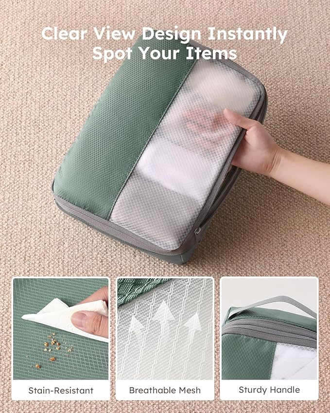 4 Set Compression Packing Cubes for Travel, Bonus Versatile Drawstring Backpack, Lightweight Luggage Organizer Bags, Sturdy Travel Accessories for Suitcase, Dark Green