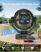 DUKUSEEK 20000mAh Clip On Fan with LED Light, 9-inch 60Hrs Portable Camping Fan with Sturdy Clamp, 360° Oscillating Personal Desk Fan for Office, Worksite, Golf - Regargeable Battery Powered USB Fans