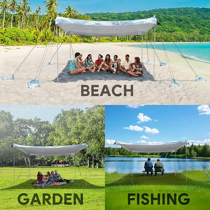 Beach Tent Sun Shelter, 10 x 10 FT Beach Canopy Tent Sun Shade, UPF50+ Tents Canopy with 8 Sandbags & 4 Stability Poles, Outdoor Tents for Camping Fishing, Starfish