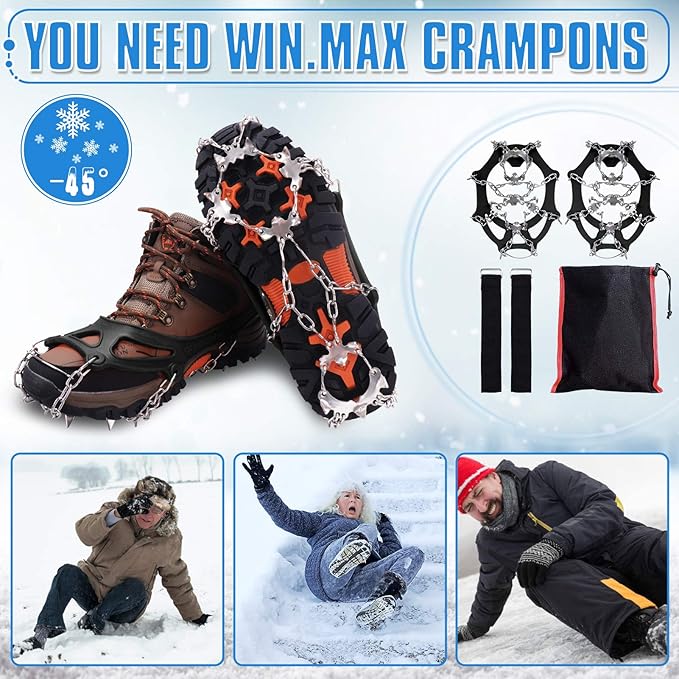 WIN.MAX Crampons for Shoes, Traction Cleats Ice Snow Grips with 19 Stainless Steel Spikes, Shoe Talons Anti - Slip Boots Spikes for Walking, Jogging, Climbing and Hiking