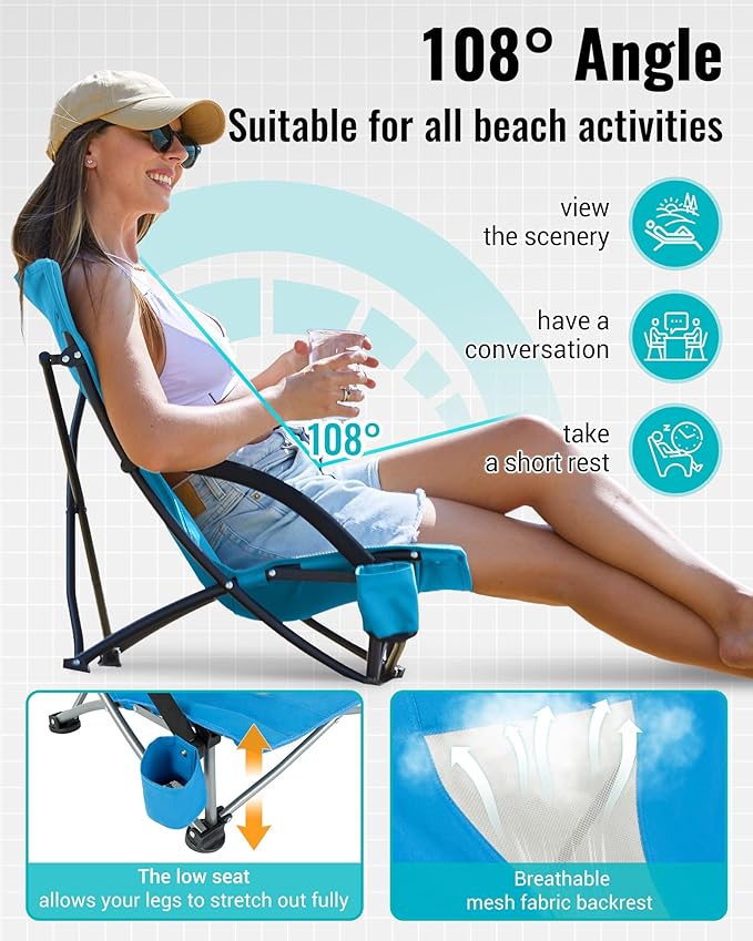 KingCamp Low Beach Chairs, Portable Folding Chair for Adults Extra Wide Ergonomic High Back Seat 300lbs Heavy Duty Lightweight Oversized Gear with Carry Bag for Outdoor Lawn Camping Picnic